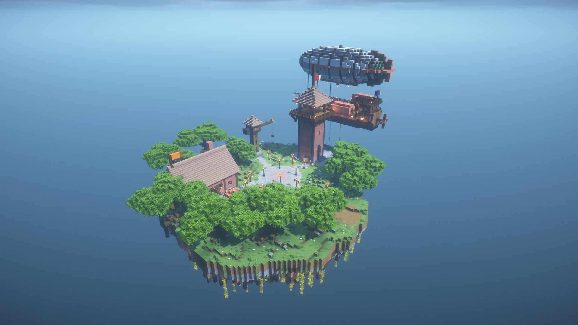 The whole floating island from above, with the airship moored at the tower