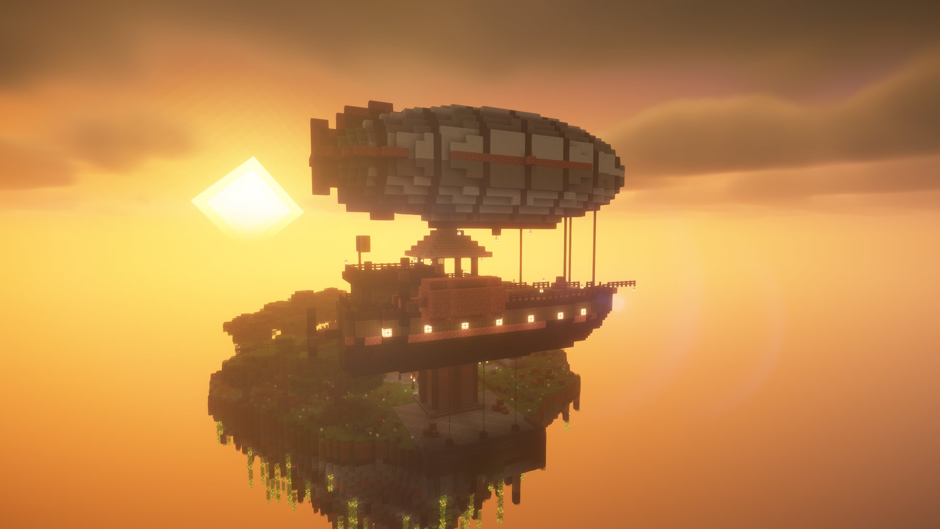 The airship and island against the sunset