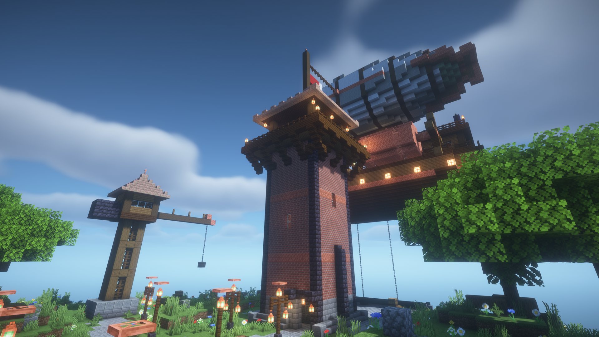 A brick mooring tower with an airship docked beside it and a cargo crane on the left