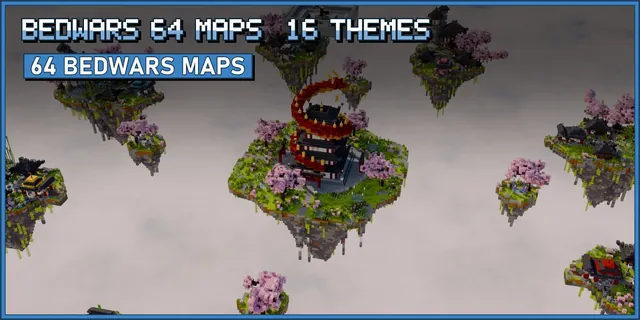 Floating BedWars islands with a pagoda, bed pavilions and shop booths over the void