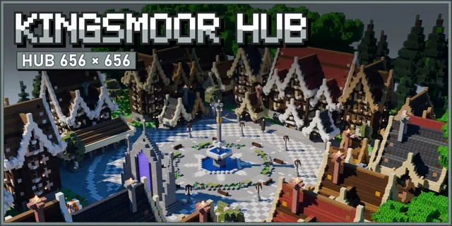 Medieval hub square with trimmed gable houses, a fountain and a portal on a forested island