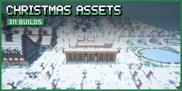 Rows of snowy Christmas market stalls, cottages and trees on showcase plots