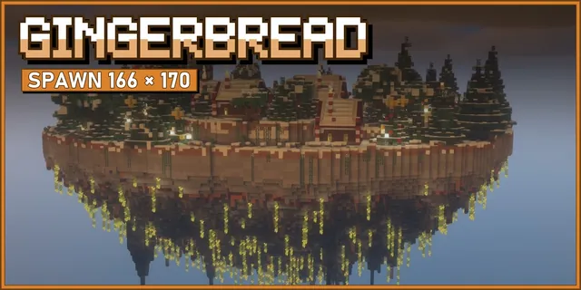 A floating snow island with a gingerbread castle and candy-striped towers