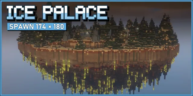 A floating snow island with an ice palace among fir trees