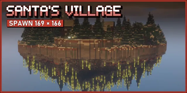 A floating snow island with Santa's workshop and spruce forest