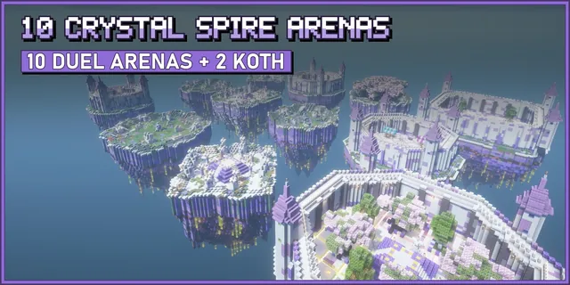 Twelve floating islands with white quartz and purple amethyst arenas, purple spires and pink cherry trees