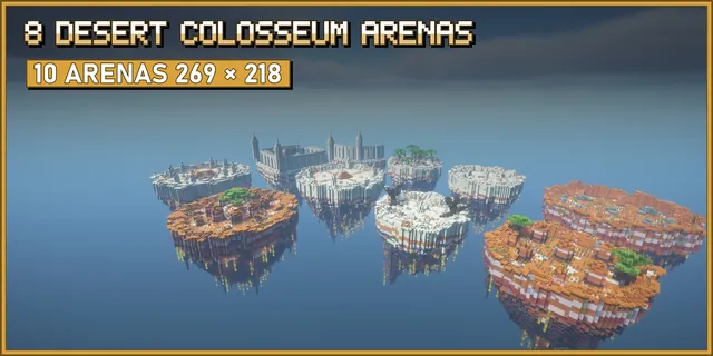 Ten floating sand and terracotta islands in the sky, with a spired sandstone colosseum, a palm oasis and badlands arenas