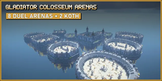 Roman amphitheatres with sand floors, stone seats and banners floating on islands in the void