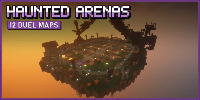 A floating graveyard arena with dead trees at sunset