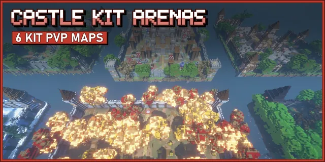 Walled castle KitPvP fields on floating islands seen from above