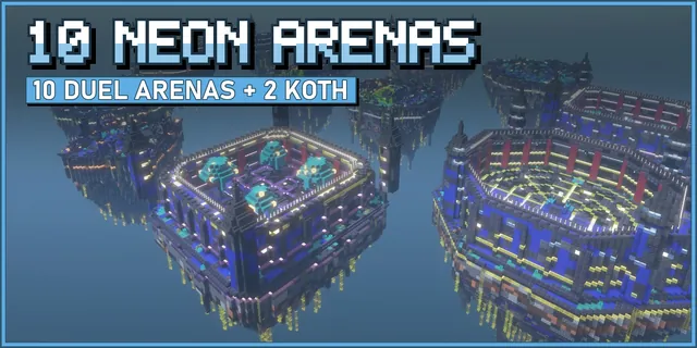 Ten dark floating arena islands in the sky with glowing neon strips, round and square colosseums and two KOTH hills in the middle