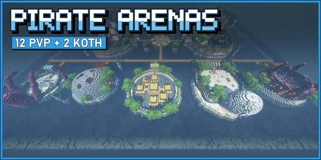 Pirate and beach PvP arenas on islands round a harbour, with two galleons, seen from above