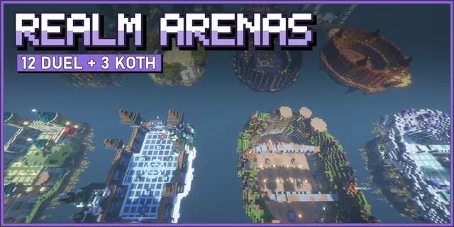 Fantasy duel arenas on floating islands seen from above
