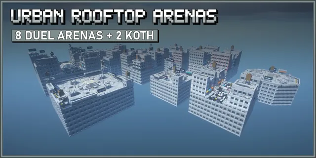 City blocks of grey tower blocks floating in the void, with rooftop arenas, water towers and billboards