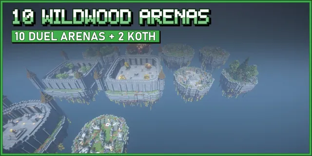 Ten floating forest islands in the sky, with two walled courtyards, a round stone colosseum, a red autumn glade and grassy ruins