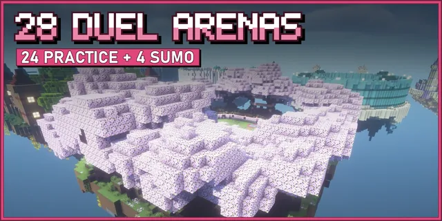 A cherry grove arena on a floating island with other arenas behind