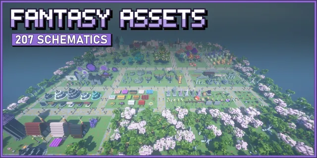 Fantasy asset showroom with wizard towers, giant mushrooms, crystals, portals and a village scene