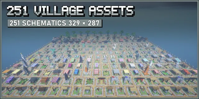 Aerial view of a flat showroom with rows of plots holding striped market stalls, statues, obelisks and shrines, with a line of big oak trees at the far end