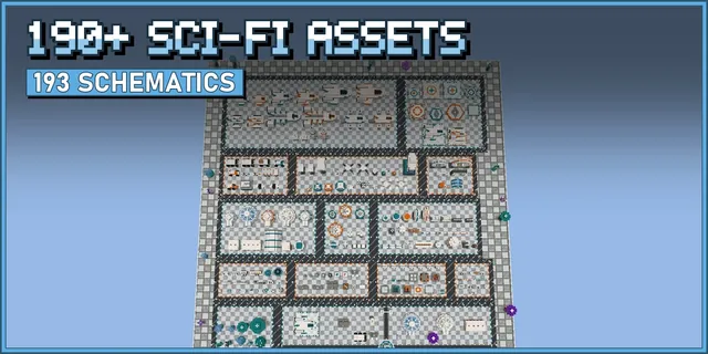 Rows of white and cyan sci-fi ships, domes and robots on a showroom platform