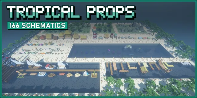 Tropical props showcase on a palm beach with huts, a lighthouse, a reef basin and a harbour with ships