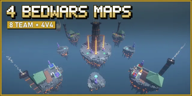 Four floating Bedwars maps: a cherry pagoda, a desert temple, a viking longhouse and a dwarven forge tower