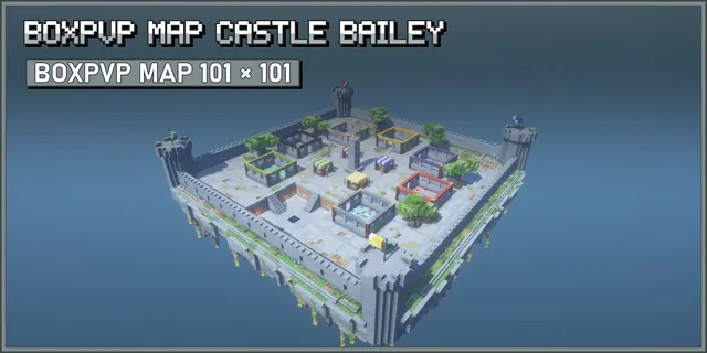 A floating castle bailey with crenellated walls and four round flag towers, seven walled quarry yards with coloured bands, striped market stalls round a stone monument and a sunken duel pit