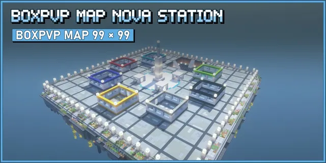 A floating square station deck with a white spire in the middle, seven coloured mining boxes, four small shop kiosks and a sunken checkered PvP pit, ringed by a lit fence