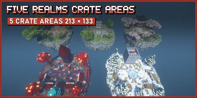 Five floating islands seen from above: a medieval tower plaza, a white sci-fi tower, a Japanese pagoda in cherry trees, a nether island with giant red fungi and a snowy winter plaza