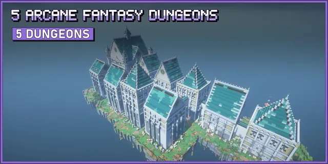 A purple amethyst and calcite fantasy dungeon with a white pyramid roof and corner spires on a floating grassy island