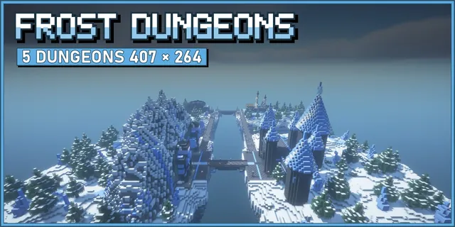 Five floating snow islands with an ice spire fortress, a glacier cave and a frozen ship, joined by stone bridges
