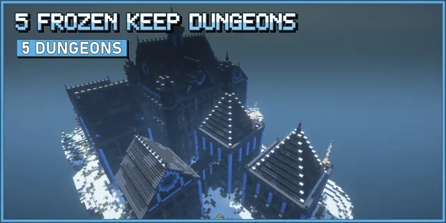 A blue ice keep with dark stone pyramid roofs and corner towers on a snowy floating island