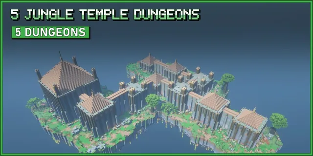 A mossy stone and bamboo jungle temple with a golden pyramid roof on a floating island with palms and jungle trees