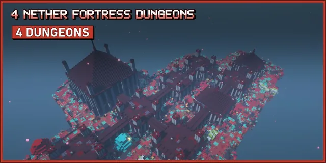 A dark nether brick fortress with a pyramid roof on a floating island of red and teal nylium