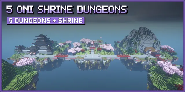Five green floating islands with a red pagoda, an oni castle and a fox shrine mountain round a shrine island, joined by red bridges