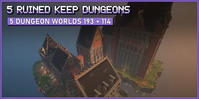 Aerial view of a ruined chapel dungeon on a floating grass island, dark wood halls round a central hub and a large slate roofed boss hall