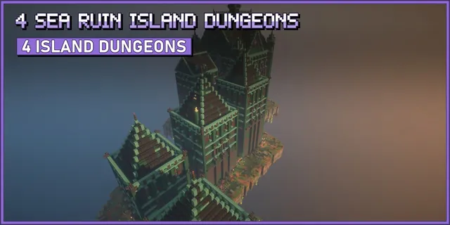 A floating grass island with a prismarine dungeon of pyramid roofed halls and towers under a blue sky