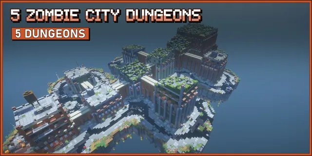 A ruined city block on a floating island: overgrown brick, terracotta and concrete buildings with rooftop signs, water towers and wrecked cars on cracked streets