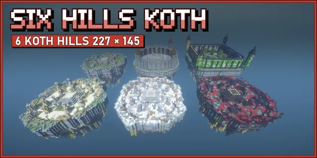Six floating island KOTH maps in two rows: grassy ruins, a round castle wall, a green and blue walled courtyard, a sandy jungle hill, a snowy hill and a dark red nether hill