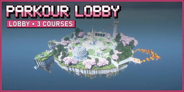 A white floating island lobby with a glass ringed spire, six game mode arches and parkour lines over the sky
