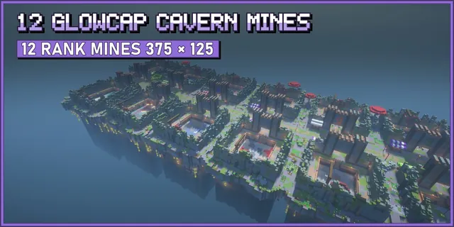 A long mossy floating island with twelve walled prison mine pits, giant red mushrooms and a spawn hub