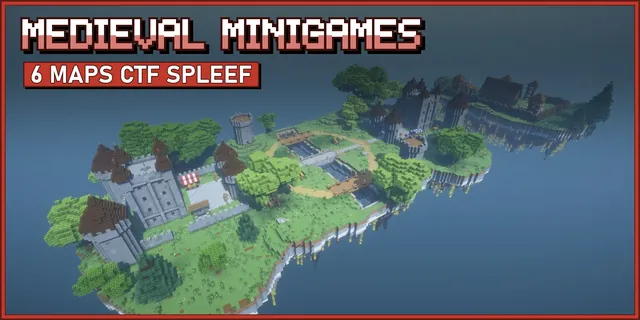 Six floating medieval minigame maps: two keeps across a river, timber forts over a gorge, a spleef tower, a hill fort and an archery range