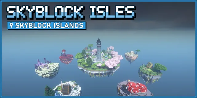 A floating spawn hub with a tall tower, ringed by themed skyblock starter islands