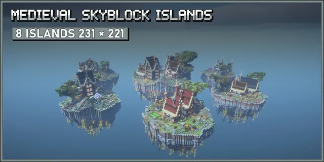 Eight floating medieval islands with timber houses, a windmill, a chapel and big oak trees round a larger spawn village island
