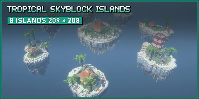 Eight floating tropical islands with sand beaches, palms and huts, a striped lighthouse on one of them, round a larger spawn island
