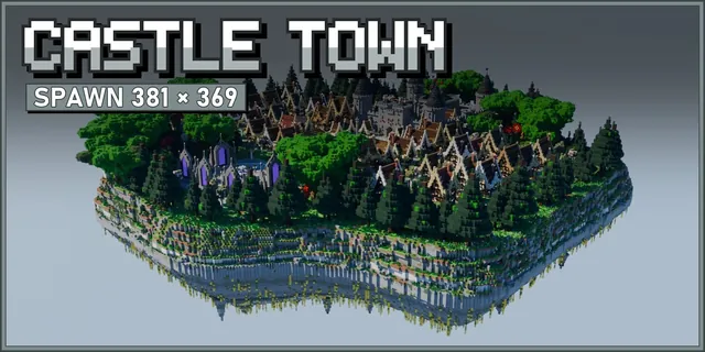 A floating island with a stone castle and a forest