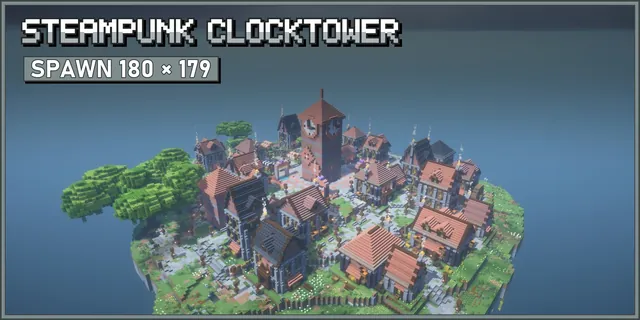 A brick and copper steampunk town on a floating island, a tall brick clocktower with white clock faces in the middle of the square