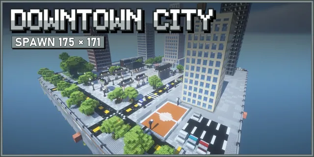 A floating city block with office towers, roads and a plaza