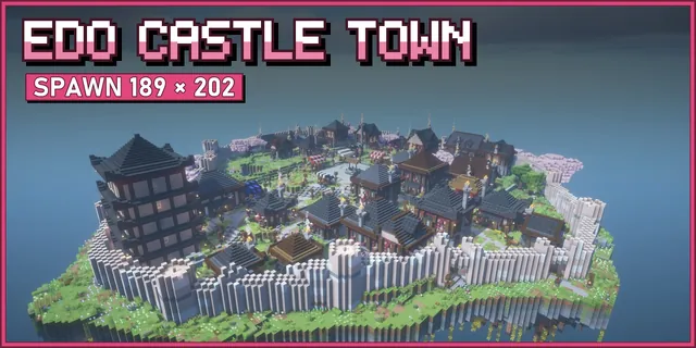 A walled Japanese town of white houses with dark tile roofs on a floating island, cherry trees, a river and a tall castle keep at the end of the main street