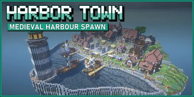 High view of a floating medieval port town with red roofed timber houses, a market square, a walled harbour with three sailing ships and a striped stone lighthouse