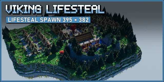 A floating island with a red heart altar, a Norse mead hall and longships in a fjord harbour